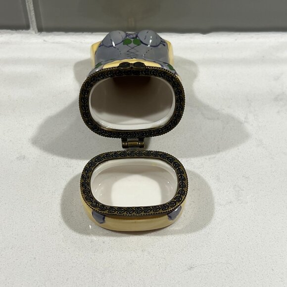 Limoges Style Vintage Porcelain Hinged Trinket Box Bow Closure Purple Silhouette - Picture 7 of 13